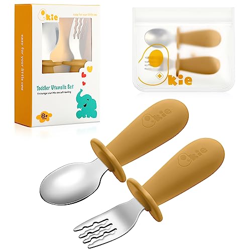 Qkie Kinderbesteck Baby Besteckset Mit Aufbewahrungstasche Edelstahl Baby Löffel Und Baby Gabel Mit Silikon Griffe Für Baby Kleinkind Esslernbesteck, BPA-Frei, 10 Monate+