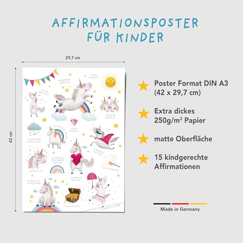 Naturforscher Rüsselfuchs Einhorn Affirmationsposter für Mädchen - Poster DIN A3 - Achtsamkeit für Kinder - Dekoration Kinderzimmer Einhörner - Schulkind (Grundschule) und Kindergarten - Kita
