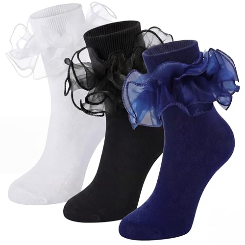Image of Geyoga 3 Pairs Women Big Ruffle Socks Turn Cuff, Double Lace Ankle Cotton Frilly Socks for Ladies Summer