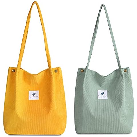 Makukke Corduroy Totes Bag - Women's Shoulder Handbags Big Capacity Shopping Bag, Yellow + Light Green, L Cover