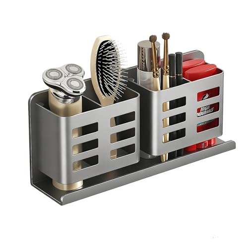 Image of HARY Aluminium Electric Toothbrush Holder Wall Mounted for Bathroom Self Adhesive Tooth Brush Holder Set Bathroom Storage Caddy No Drilling with 4 Compartments, Gunmetal Grey