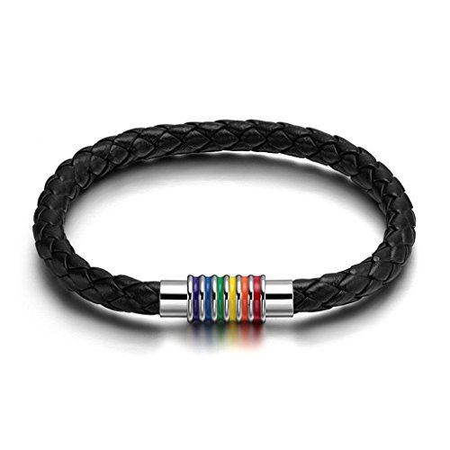 Aienid Joyas de Moda Acero Inoxidable Pulsera de Hombre Mujer LGBT del Arco Iris de Rayas Cierre de Trenzado de 21cm Negro