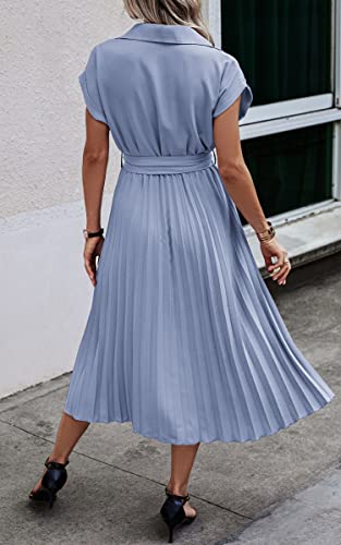 Image of ECOWISH Womens Casual Midi Dresses Solid V Neck Short Sleeve Button Shirt Belted Dress with Pockets for Spring Summer 2026