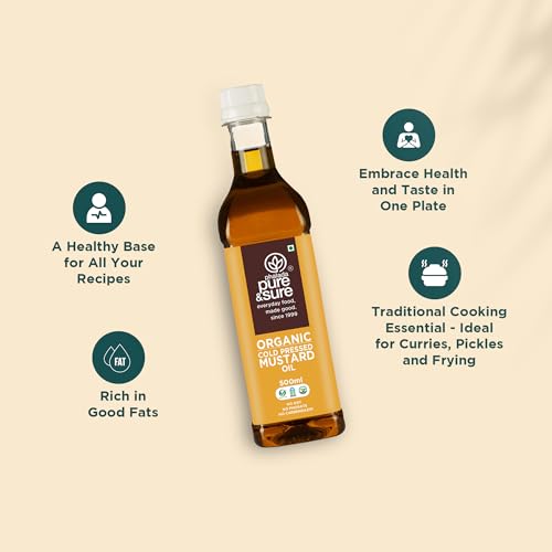 Image of Pure & Sure Organic Cold Pressed Mustard (Kachi Ghani) Oil 1.5 Litres | Natural Sarso Tel for Cooking, Hair Care & Skin Care|Rich Flavour and Nutrients | (500ml X Pack of 3)