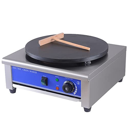 Crepera eléctrica comercial con placa calefactora de 15.7 pulgadas, potencia de 2.8 kW, temperatura ajustable de 50 a 300 °C, incluye esparcidor de masa para uso profesional