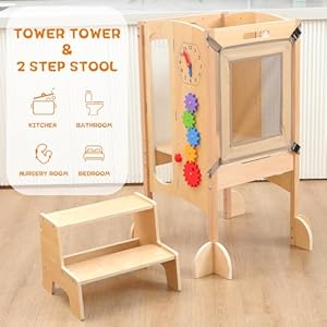 Toddler tower foldable toddler kitchen stool helper with 2 step stool wooden toddler stool with safety net adjustable height chalk whiteboard montessori activity games  urban country home decor