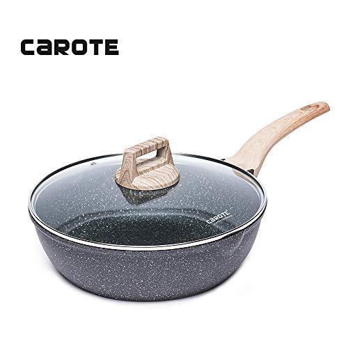 Carote 9.5-Inch Nonstick Deep Frying Pan Saute Pan with Glass Lid,Non-Stick Granite Stone