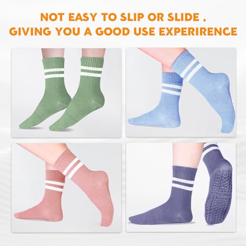 Image of Jspupifip 4 Pairs Pilates Grippy Socks for Women, Long Non Slip Yoga Socks with Grips Crew Socks for Pilates Barre Hospital