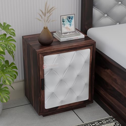 Image of DRIFTINGWOOD Solid Wood Dolvi Bedside Table | Wooden Bed Side Tables | Nightstand Side Table for Bedroom | Nigh Stand End Table with Upholstery Front| Walnut Finish