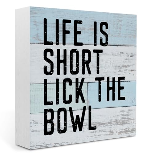 IYEZH Life Is Short Lick the Bowl Toilet Sign - Funny Quotes Wood Box Plaque Bathroom Decor Block Home Washroom Desk Shelf Decoration 5x5 Inches