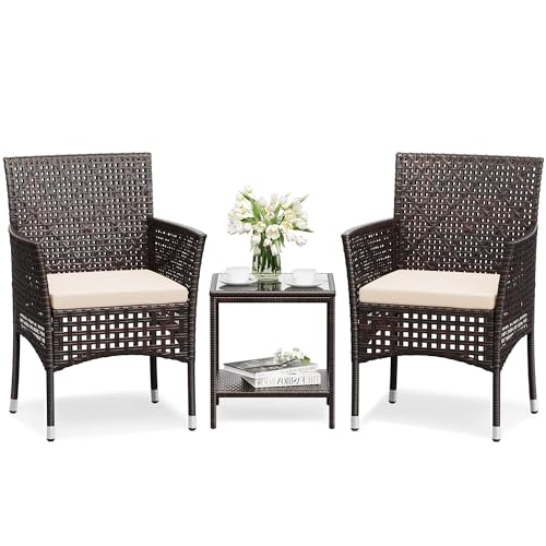 Greesum 3-Piece Patio Furniture Set,Outdoor Wicker Conversation Furniture Sets Modern Star-Patterned Openwork Rattan Chairs with Coffee Table for Backyard Deck,Dark Brown and Beige