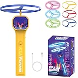 Electric Disc Launcher with 6 Flying Spinners, Glow-in-The-Dark Interactive Outdoor KU Flying Disc Launcher Toy for Kids & Adults,Rechargeable Spinning Fidget Toys for Endless Fun (Yellow)