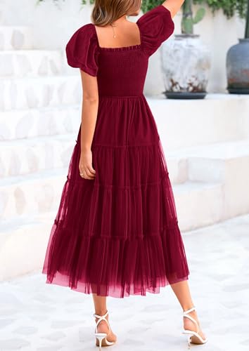 PRETTYGARDEN Women's Smocked Midi Tulle Dress 2025 Summer Puffy Short Sleeve Square Neck Ruffle Wedding Guest Party Dresses (Wine Red,Large) - Image 2