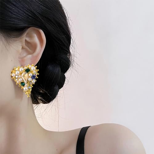 Boucles d'oreilles perles et strass en cœur rétro pour femme - 4
