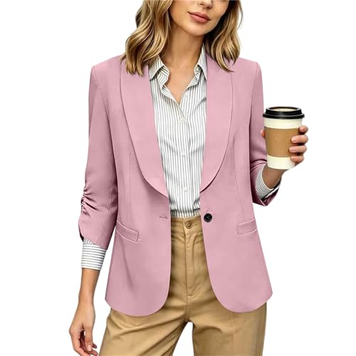 RLEHJN Damen Blazer,Lange Casual Open Front Gefütterte Blazer Arbeit Büro Jacken mit Taschen Sportlich Elegant Blazerjacke Casual Blazer Jacket Übergangsjacke Business Casual Outfits Für Die Arbeit