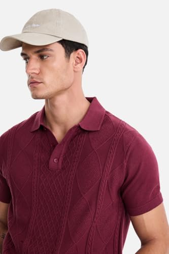 Image of SNITCH Men Polo T-Shirt | Classic Cable Knit Textured Front Panel & Half Sleeve Design | Premium 100% Cotton Knitted T-Shirt Men, Breathable Casual Holiday