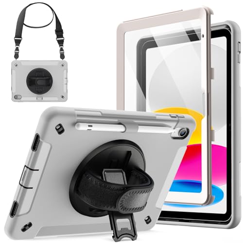 Image of JETech Cover Case for iPad (A16) 11th /10th Generation (2025 /2022) with Built-in Screen Protector, Protective Shockproof Rugged Tablet Cover, 360 Degree Rotating Hand Strap Stand (Light Grey)