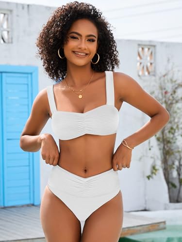 ANRABESS Bathing Suit for Women Tummy Control Bikini Set 2025 Beach Front Ruched Mid Waist Swimsuit with Adjustable Straps3