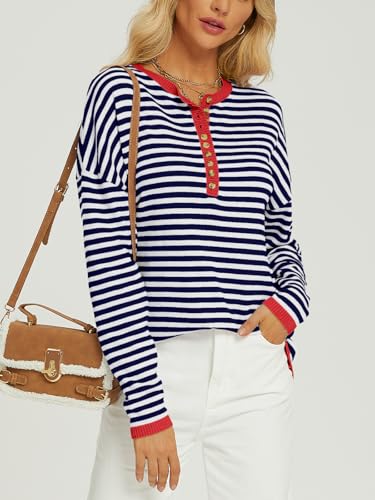 Lillusory Womens Striped Henley Sweater Long Sleeve Shirt Oversized Knit Trendy Pullover Top Fall Fashion Clothes 2024 Red-Striped Royal Medium thumb #2