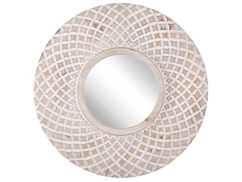 Espejo de pared madera clara redondo 60 cm marco hecho a mano blanco patrón geométrico boho rústico Pomaro Cover