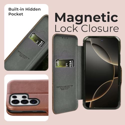 Image of PULOKA Premium Vegan Leather Phone Cover with Card Slot - Compatible with Samsung Galaxy S25 Ultra - Sleek Flip Case, Slim, Durable, Privacy Protection, Kickstand Function (Brown)