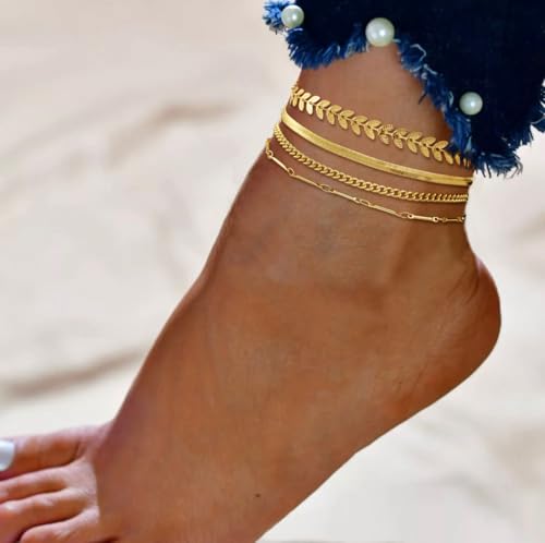 Image of Gold Ankle Bracelets for Women Waterproof,14k Gold Plated Anklet Set 4PCS Cuban Link Snake Chain Dainty Anklets Summer Beach Gift
