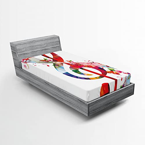 Ambesonne Music 2 Pack Fitted Sheet, Notes Rhythm Art, Bed Cover All-Round Elastic Deep Pockets 2 Pieces, Package Contains 2 Twin Size Fitted Sheets, Ruby White