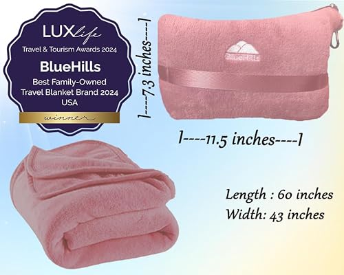 Image of BlueHills Travel Blanket Pillow in Mini Soft Case Premium Plush Airplane Blanket in Soft Bag Compact Pack with Luggage Belt and Backpack Clip - Dusty Rose Pink M02