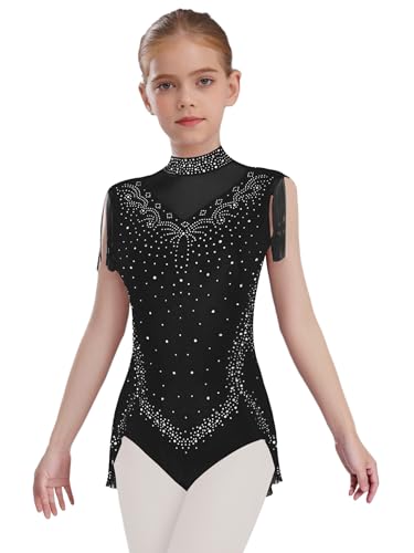 Manyakai Maillot de Patinaje Artístico con Flecos para Niñas Leotardos de Danza sin Mangas con Volantes y Pedrería Brillante Maillot de Baile Latino Jazz Negro 7-8 años