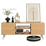 HOLTPHILI 55' Low TV Stand for 60 Inch TV Solid Wood TV Console Small Entertainment Center with 2 Cabinets for Living Room Bedroom, Natural