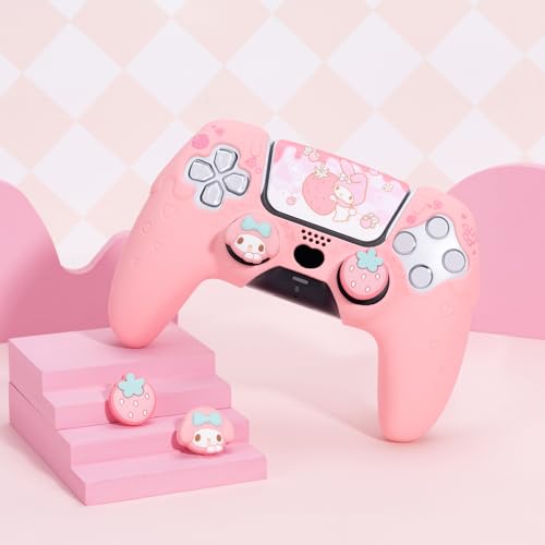 Image of Kuitmor Silicone PS5 Controller Cover Skin Set, Anti-Slip Soft Protective Case for PS5 Wireless Controller with 2 Thumb Grip Caps and 1 Sticker (Pink Melody)