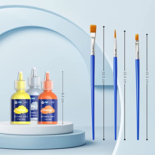 INK LAB 3D Fabric Paint Set 18 Colors Permanent Textile Paints with Brushes for Kids Adults Clothes DIY Canvas Ceramic Wood T-Shirts Bags, 30ml/Bottle, Non Toxic