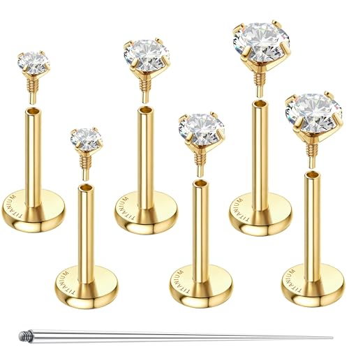 GEMQUEEN G23 Titanium Flat Back Earrings Hypoallergenic - 14K Gold Filled Internal Thread Stud Earring 18G Cartilage Helix Tragus Conch Medusa Piercing Jewelry Nose Lip Labret Studs for Women Men