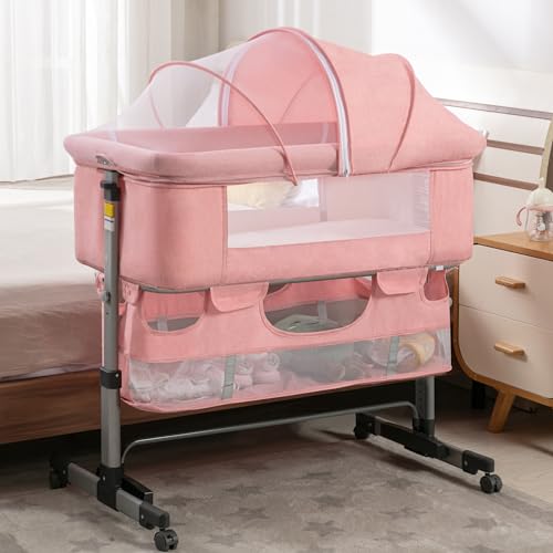 Image of Cuddor Baby Bassinet, Bedside Sleeper with Wheels, Heigt Adjustable, for Infant/Baby/Newborn Girls & Boys 0-6 Months, Pink