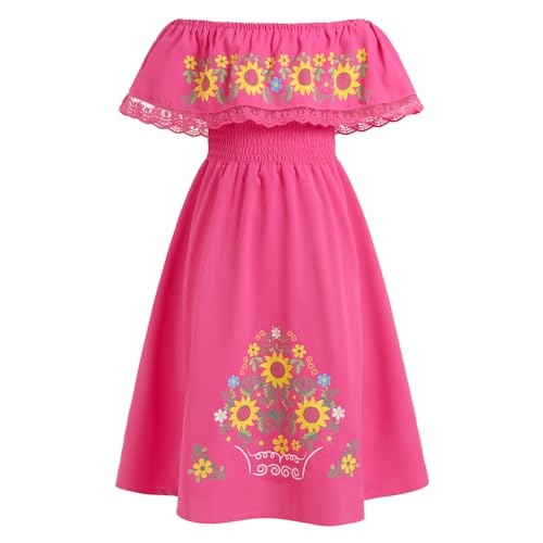 IKADEX Girls Mexican Floral Dress Off Shoulder Sunflower Print Party Cinco de Mayo Dresses