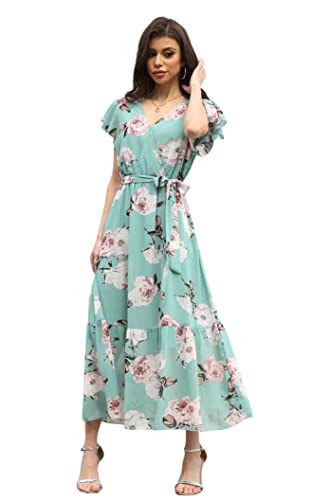 Image of VintageClothing Womens Sundress Casual Floral Summer Boho Dress | Flowy Wrap V Neck Ruffle A-Line Pleated Hem Midi Dresses