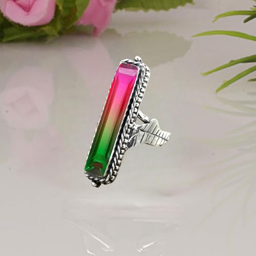 Miniatura 6 de Watermelon Tourmaline Gemstone Ring 925 Sterling Silver Multicolor Stone Ring Handmade Long Rectangle Bar Ring For Women Elegant Tourmaline Jewelry