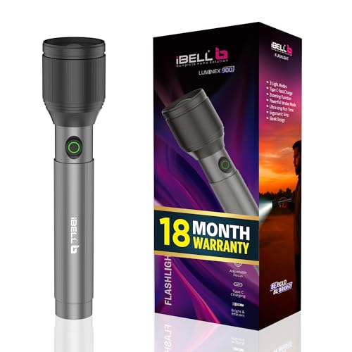 Image of IBELL LUMINEX 900 Rechargeable Torch Light High Power,3 Light Modes, 20W, 4000 mah Battery,Telescopic Zoom,Type C Charging, LED Flashlight, Long Distance Range, for Home,Outdoor & Emergency Use (Grey)