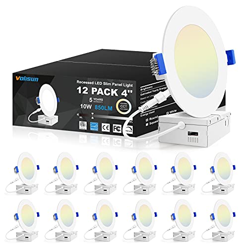 VOLISUN 12 Pack 4 inch Led Recessed Ceiling Light with Junction Box, 2700K/3000K/3500K/4000K/5000K Selectable, 9W=75W Canless Wafer Downlights, 750LM Dimmable Retrofit Recessed Lighting, ETL VOLISUN 12 Pack 4 inch Led Recessed Ceiling Light with Junction Box, 2700K/3000K/3500K/4000K/5000K Selectable, 9W=75W Canless Wafer Downlights, 750LM Dimmable Retrofit Recessed Lighting, ETL