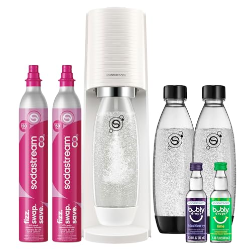 Image of SodaStream TERRA Sparkling Water Maker, Value Bundle, CQC CO2 System, Includes 2 Quick Connect 60L CO2 Cylinders, 3 Dishwasher Safe BPA Free Bottles, 2 bubly Drops, Make your own Pepsi, White