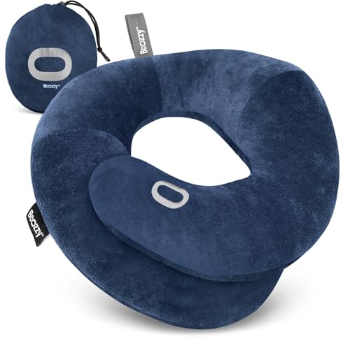 Image of BCOZZY Organic Cotton Double Support Neck Pillow for Travel - 3 Ergonomic Positions for Head, Neck, and Chin Comfort - Ideal for Sleeping Upright on Flights, Cars, and at Home - X-Large, Navy