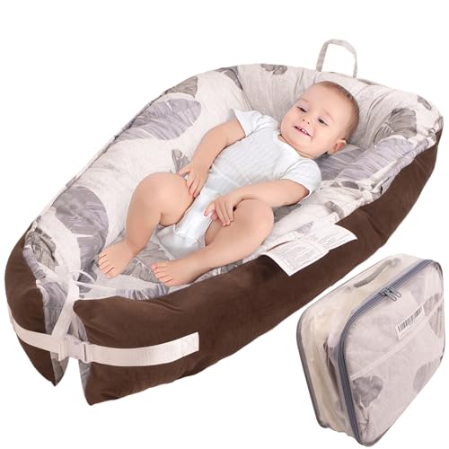 Image of Vtedu Baby Lounger, Ultra Soft Breathable Cotton Multiple Patterns, Removable Washable Cover, Portable & Adjustable, Perfect for Tummy Time, Newborn Shower (Pattern Big Leaves and Velvet)