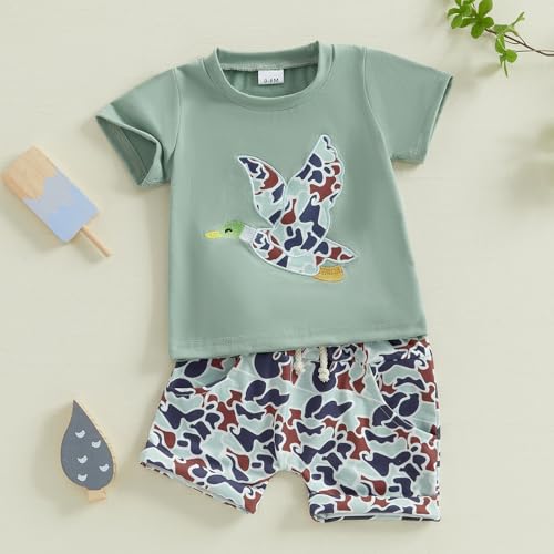 Doqcey Toddler Baby Boy Hunting Clothes Mallard Duck Embroidery Short Sleeve T-Shirt Camouflage Shorts Set Summer Outfit (Green, 2-3T)