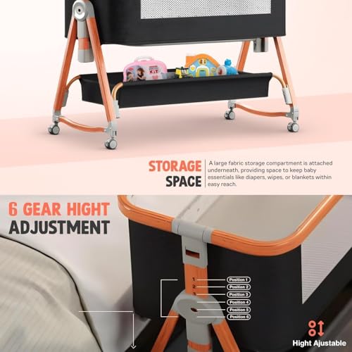 Image of BAYBEE Premium Pro Bedside Crib Cradle for Baby | Bassinet for New Born with 6 Height Adjustable & Rocking Mode | Foldable Cot with Mosquito Net & Storage | Portable Bedside Baby Cribs & Cots (Black)