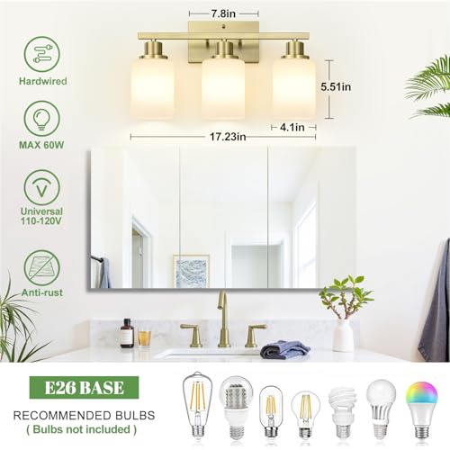 Image of MOKATNG 3-Light Bathroom Light Fixtures, Aged Brass Vanity Light with Milky White Shades, Bathroom Lighting Fixtures Over Mirror, Modern Bathroom Wall Lamp for Mirror Living Room Cabinet Bedroom