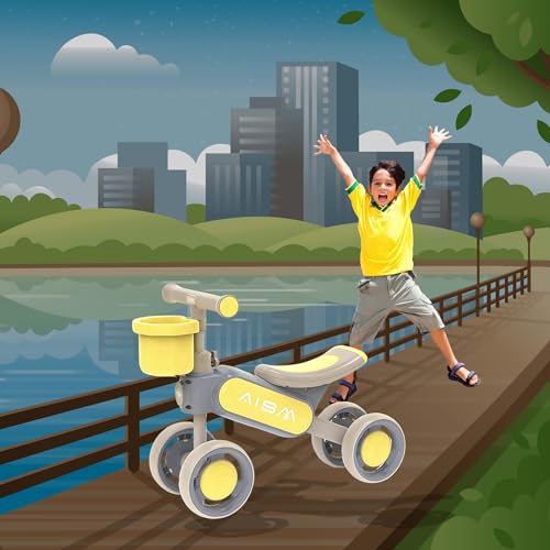 Image of Super Glide Balance Bike with Basket | Toddler First Ride-On Bike | Non-Pedal 4-Wheel Push Bike | Lightweight & Sturdy Design for Boys & Girls | Ideal for 1-3 Years Old (Yellow : KB-079)
