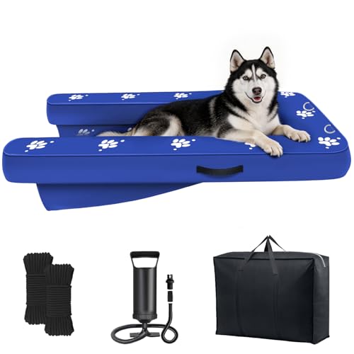 Inflatable Dock Platform Dog Boat Ramp Floating Non-Slip Oxford and PVC with Lagre Water Ramp for Dogs Pool Dock Lake with Traction Rope Manual Air Pump (4.6ft x 3ft x 6in) L04