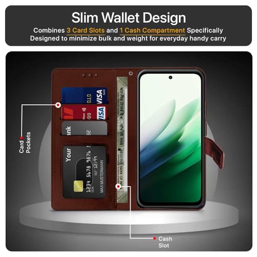 Image of WOW IMAGINE Shock Proof Flip Cover Back Case Cover for Mi Redmi 15 5G (Flexible | Leather Finish | Card Pockets Wallet & Stand | Chestnut Brown)
