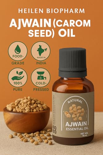 Image of Heilen Biopharm Ajwain (Carom Seed) Essential Oil - 15 mL | Cold-Pressed, 100% Pure & Natural | Food Grade (Edible) Ajwain Oil for Culinary & Wellness Uses | Pack of 1