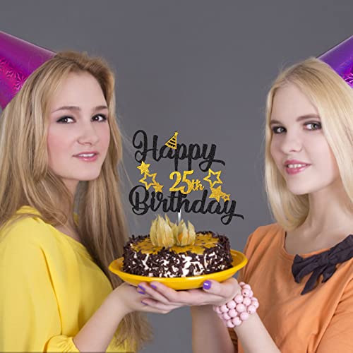 25Th Birthday Cake Topper, Black Gold Glitter Cupcake Topper For Happy 25Th Birthday Party Decorations Supplies For Boy Or Girls #TOP4